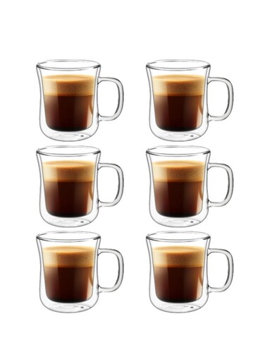 6- Pieces Double Wall Glass Coffee Mugs 250ml, Clear Glass Coffee Mugs for Hot Beverages