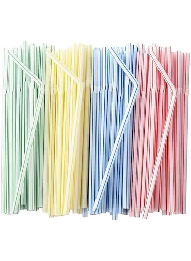 Flexible Disposable Plastic Drinking Straws - 7.75" Tall, Assorted Striped Colors, 200 Pack