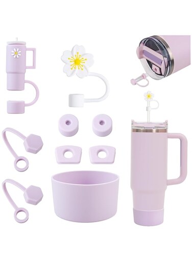 Yuecda Stanley Cup Accessories Set Includs 6 Pcs Silicone Spill Proof Stopper, 2 Pcs Straw Cover Cap for9-10 mm Straw, 1 Pcs Silicone Boot for Stanley Cup 40oz&amp;30oz,Not Including Cup (Purple)