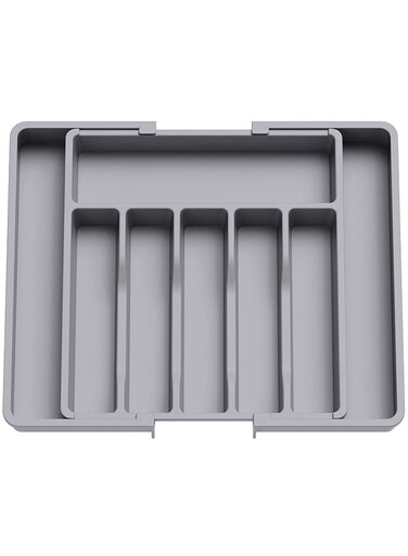 Silverware Drawer Organizer, Expandable Utensil Tray for Kitchen, BPA Free Flatware and Cutlery Holder, Adjustable Plastic Storage for Spoons Forks Knives, Large, Grey