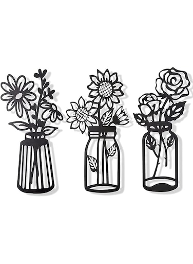 ELECDON Metal Flowers, Wall Decor, Minimalism, Wall Art Decor, Wall Art, Black Flower Iron Decor, Metal Wall Sculpture, for Patio Balcony Bathroom Decor, Wall Art Bathroom Decor Set of 3