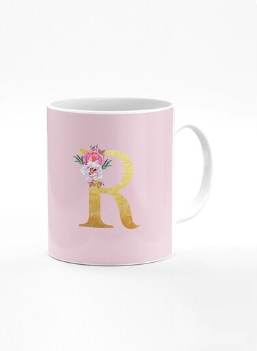 Designer Printed Coffee Mug 11oz Ceramic Personalised Gift Mugs Cup -Custom Monogram Initial Letter Floral Pattern Alphabet - R (Pink)