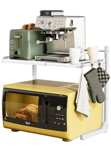 Extendable Microwave Oven Rack Microwave/Toaster Shelf Heavy Duty Stand Kitchen Counter Top Organizer Adjustable Height &amp; Length 2-Tier with 6 Hooks (2 Layers of White)