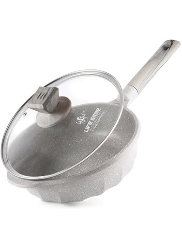 LIFE SMILE Deep Frying Pan With Lid - Multi Layer Granite Coating Non Stick Saute Pan   Stay Cool Handle With Hanging Loop   Oven Safe (Light Grey, 24 CM(2.7 Liter,Induction))