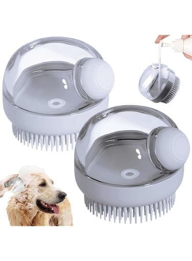 2 Pcs Dog Bath Brush, Pet Grooming Bath Massage Brush with Shampoo Dispenser, Soft Silicone Pet Shampoo Massage Dispenser Grooming Shower Brush for Short Long Haired Dogs and Cats Washing (Grey)