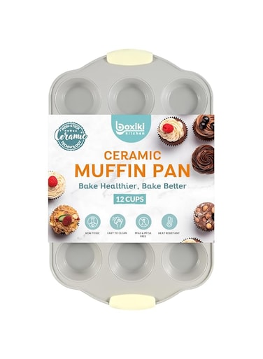 Boxiki Kitchen Ceramic Coated Muffin Pan for Baking (12 Cups) - Durable Steel Frame Cupcake Pan w/Nonstick Surface - Professional Muffin Tray with Silicone Handles