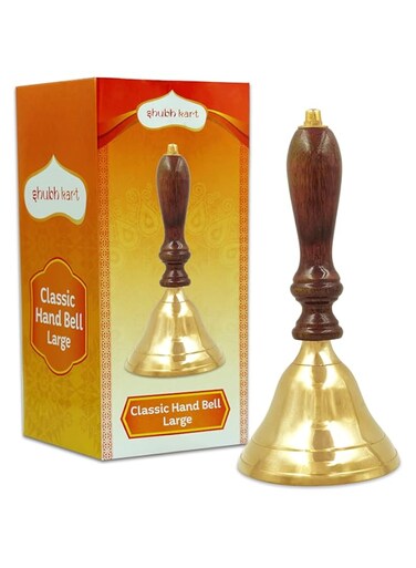 Shubhkart Wooden brass Classic Bell- for Puja, Wedding Events Decoration, Food Line, Alarm, Jingles, Ringing, Service Bell (Medium)