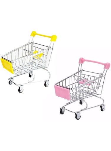 2 Pcs Mini Shopping Cart Supermarket Handcart Shopping Utility Cart Mode Storage Toy, Yellow and Pink