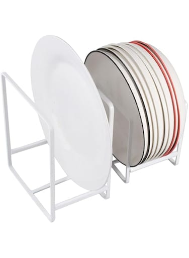 Khazna Dish Plate Organizer Rack, 2 Pack Dish Metal Storage, Dish Drying Rack Large Dish Drainer Non-Slip Rustproof Dish Holder Dish Stand for Cabinet Counter Cupboard, White (Size Small Large)