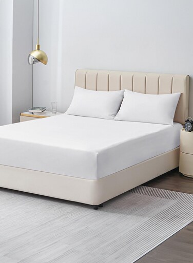 Linen Queen Plain Fitted Elastic Bedsheet with 2 Pillow Cases 180 x 200 Cm (White)