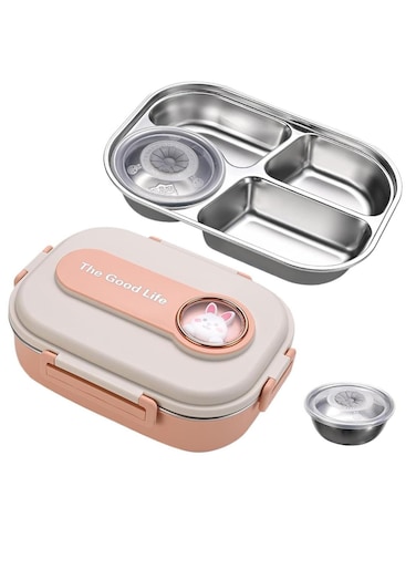Stainless Steel Lunch Box for Kid School Insulated Bento Lunch Box 4 Compartment Divided Lunch Containers with Lids Leakproof BFA Free Dishwasher Safe Rabit Pink.