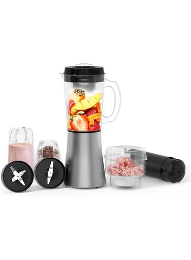 PUREPLUS Multifunctional Countertop Food Blender, 200W with 3 blades, Blending Class Jar for Juices and Smoothies, Grinding Cup for Spices, Chopper Bowl for Grinding Meat,10 Pieces Set, Grey