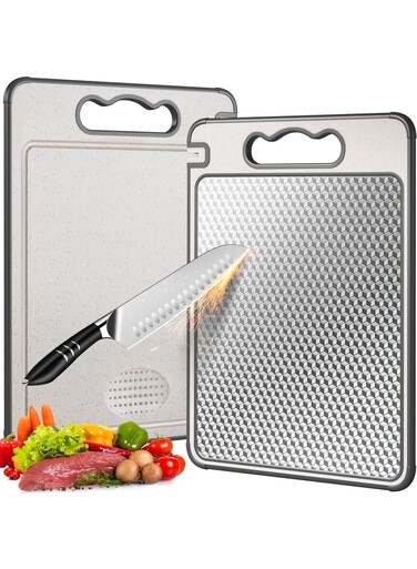 Steel Cutting Board,Double Sided Chopping Board for Kitchen,Scratch Resistant with Mesh Design,Anti-Slip Silicone Edges,Juice Groove,Dishwasher Safe