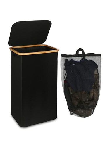 efluky Laundry Basket with Lid, Tall Laundry Hamper with Bamboo Handles and Removable Liner, Collapsible Dirty Clothes Bin for Laundry Room, Bathroom and Dorm, 100L Black
