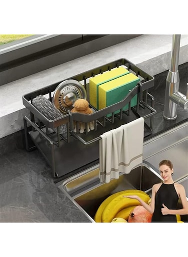 TERRIFI Sink Caddy Organizer with Drain Tray, Sponge Holder for Kitchen Sink Stainless Steel Perfect for Sponge, Dish Soap Dispenser, Cleaning Towel, Scrubber, and Utensils Kitchen Sink