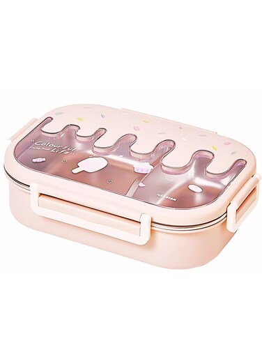 Twisoo Creative 2 Compartment Stainless Steel Lunch Box BPA Free Leakproof Clip Lock Ideal for Ice Cream and Steel Food Container Kids School Lunch box (Pink)