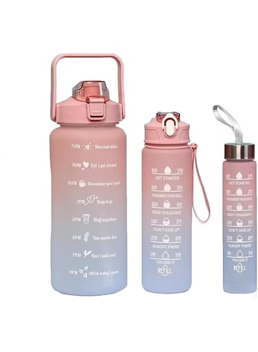 Water Bottles Pack of 3   With Handle Time Markings   BPA Free Non-Toxic Unstoppable Hydration   Straw &amp; lock   leakproof for Gym Fitness Sports &amp; Outdoor Activities   2000ml+900ml+500ml (PINK)
