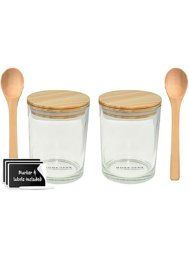 PESCADOR Glass Jars With Wooden Lids and 2 spoons- 250ml for food storage, dry goods,tea, jams, and Candy- spice jar for kitchen storage-ideal glass container for preserving food 2 Count - 250ML