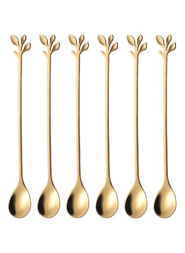 DELFINO Stainless Steel Gold Leaf, Long Handle Iced Tea Spoons Set Creative Stirring Spoons, Creative Tableware Dessert Spoons, Stirring, Premium Food Grade Stainless Steel(Gold, 6 Pcs)