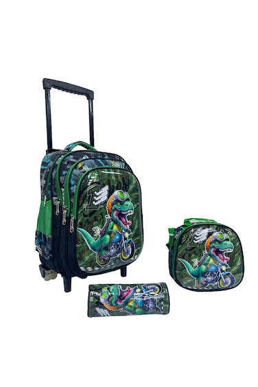 Kids School Trolley Backpack Set, 3 Pieces, 18 Inch Rolling Bag with Lunch Box and Pencil Case (Green Black Dinosaur with Bike, 18 Inch)