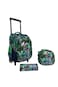 Kids School Trolley Backpack Set, 3 Pieces, 18 Inch Rolling Bag with Lunch Box and Pencil Case (Green Black Dinosaur with Bike, 18 Inch)