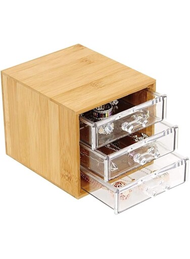 YATAI Jewelry Organizer, Natural Bamboo &amp; Acrylic 3-Drawer Makeup Storage Organizer, Stackable &amp; Transparent Multi-function Jewelry Box, Storage Case for Jewellery Accessories, Watch Box, Gift Box