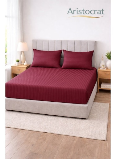 3-Piece Striped Microfiber Fitted Sheet Set Super King 200x200cm &acirc;&euro;&ldquo; Soft Elastic Deep Pocket 17cm Bedsheet with 2 Pillowcases 50x70cm, Maroon Microfiber Maroon 200x200+17cm