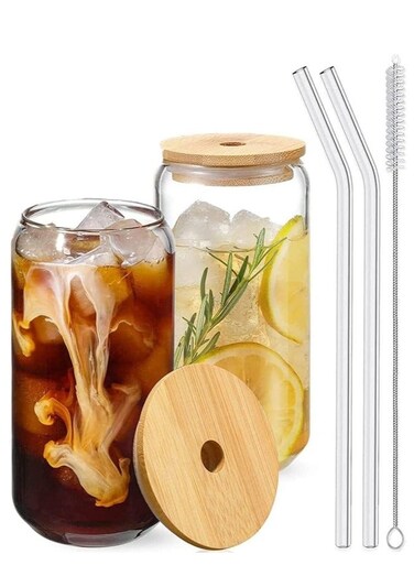 Set of 2- 550 ML Borosilicate Can-Shaped Sipper Glass Set with Bamboo Lids &amp; Straw, Trendy Tumbler Set for Iced Coffee, Juice &amp; More