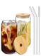 Set of 2- 550 ML Borosilicate Can-Shaped Sipper Glass Set with Bamboo Lids &amp; Straw, Trendy Tumbler Set for Iced Coffee, Juice &amp; More