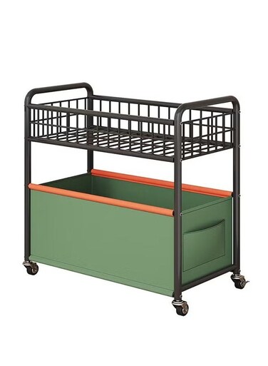 storage rack trolley with heightened fence, toys, books, snacks, sundries storage box, bedroom living room, four-wheeled large-capacity widened and movable dark green