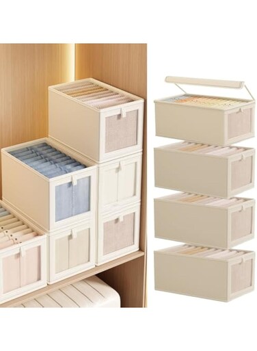 4 Pack Linen Closet Organizers, Foldable Storage Bins with Clear Window, Storage Containers for Organizing Clothing, Jeans, Toys, Books, Shelves, Closet, Wardrobe
