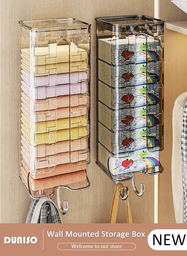2 Pack Wall Mounted Underwear Storage Box, Multifunctional Sock Organizer with Hook and Lids, No-Drilling Drawer Organizer, Hanging Underwear Organizer for Wardrobe Cabinet Bedroom Socks Lingerie