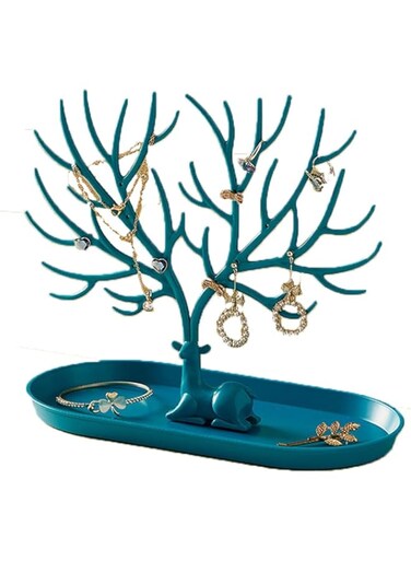 MAKINGTEC Jewellery Display Stand Holder Earring Necklace Bracelets Watches Jewelry Storage Organizer Tree Shape Tower Rack Tray for Rings Women Girls Girlfriends Birthday Christmas Gift Blue