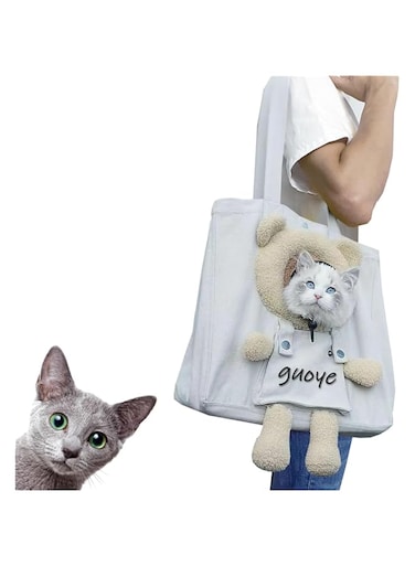 GEPAS Pet Canvas Shoulder Bag, Cute Cat Carrier Portable Pet Canvas Shoulder Carrying Bag Chest Cat Bag Outdoor Dog Tote Bag Travel Handbag for Small Cat Dog Animal Supplies (Grey Bear)