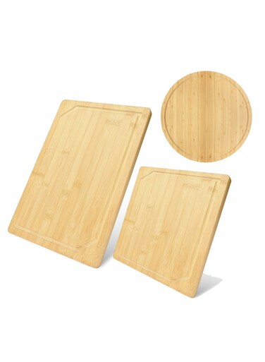 Wooden Cutting Board 3Pcs Set Featuring Rectangle Square and Circle Shapes Heavy Duty Kitchen Chopping Blocks with Juice Grooves for Meat Vegetables Cheese and Serving