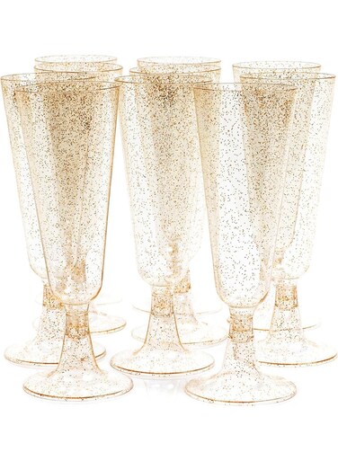 30 Elegant Plastic Cup with Gold Glitter, 150ml - Sturdy &amp; Reusable - Toasting Glasses for Birthdays, Weddings, Christmas,Ramadan, BBQ &amp; Parties