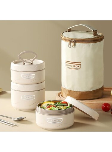 Stainless Steel Insulated Lunch Container with Thermal Bag, Sealed Food Lunch Containers, Multifunctional Portable Round Thermal Box (Beige, jz230906)
