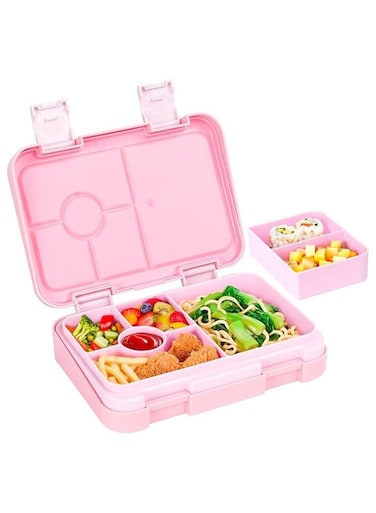 Bento Lunch Box with 6 Compartments, Leak Proof Lunchbox Snack Boxes for Kids, BPA-Free Reusable On-the-Go Meal and Snack Packing Containers, Pink