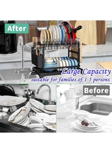 Drying Rack, 2 Tier Large Dish Drying Rack for Kitchen Counter with Drainboard Stainless Steel Dish Drainer for Dish Knifes Cup Cutting Board, Black
