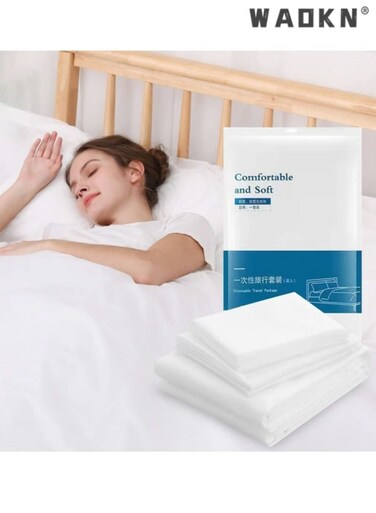 4 Pcs Travel Thickened Disposable Bed Sheets Set , Travel Double Models Portable Non-Woven Bedspread Duvet Cover and Pillowcase Set, Suitable for Hotels, Camping and Overnight Stays