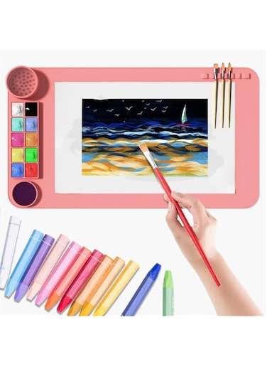 Azonee Silicone Painting Mat, 19.7"x11" Nonstick Silicone Craft Mat, Silicone Craft Mat with Cup and Paint Holder, Washable and Nonstick DIY Silicone Mats for Crafts Painting, Clay(Pink)