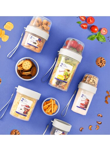 To-go Portable Sealed Food Container &ndash; 2-Layer Food Storage, BPA-Free, for Cereal, Oatmeal, Fruit, Milk &amp; Yogurt, Large Airtight Snack &amp; Salad Jar, Ideal for Kitchen, Travel, Work &amp; Picnic &ndash; 150+150ml