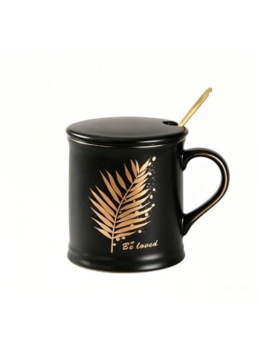 380ml Matte Black Ceramic Coffee Mug Gift Set with Lid &amp; Gold Spoon, Gold Foil Palm Leaf Design, Premium Gift Box, Perfect for Wedding Favor, Corporate Gift, Home Office Daily UseCorporate Gift, Home Office Daily Use