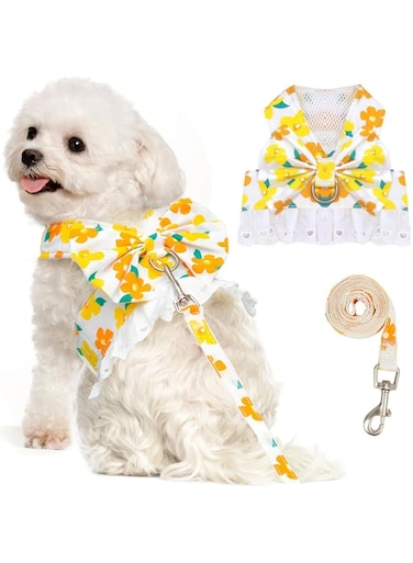 KASTWAVE Dog Harness and Leash Set No Pull Girl Dog Floral Harness with Bow Tie Soft Mesh Princess Puppy Cats Harness Vest(Yellow,Medium)