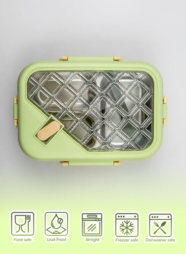 Stainless Steel Lunch Box 1.7L 3 Compartments with Spoon, Removable Tray, Leakproof Lid with Steam Vent, BPA-Free Bento Box for School Office Travel Gym
