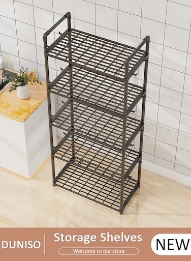 5 Tier Storage Shelf Unit, Large Capacity Shelves, Stable Kitchen Shelf Organizer, Storage Rack with Armrests, Removable Free Standing Rack with Hooks, Large Capacity Shelves, Shelving Unit for Laundry Room,Living Room,Garage,Pantry,Study Room