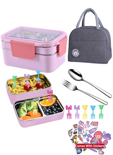 2- Layer Lunch Box Adults Insulated Bento Lunch Box with Tableware Bag Lunch Box Cutlery Spoon Fork for Kids Microwave Food Safe Bento Boxes Leakproof Allow Dishwasher