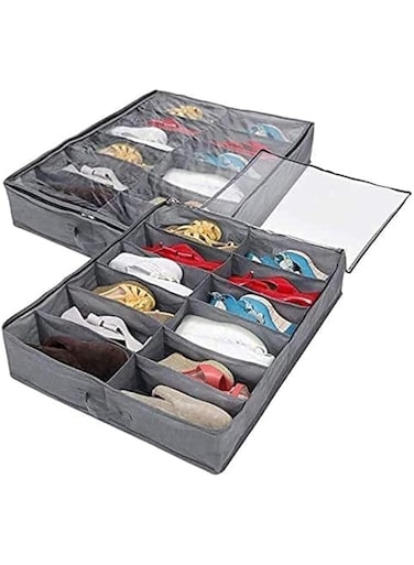 SYOSI Organizers And Storage Under Bed Shoes Tidy Organiser Large Heavy Duty Underbed Shoe Storage Bag with Clear Lid Foldable Fabric Holder Closet 12 Pockets x 2