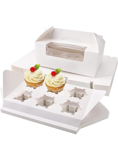DUBKART 25 Pack Cupcake Boxes with Window, 9.4" x 6.2" x 3.0" Cupcake Carrier with Insert, Party Favor Bakery To Go Cupcake Muffin Carry Boxes Container Fits 6 Cupcakes or Muffins (White)