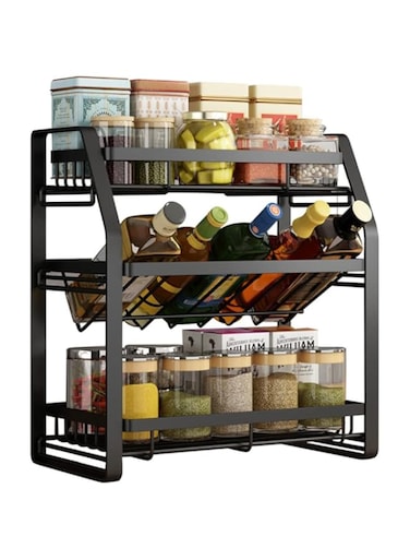 Arabest Spice Rack Organizer, 3-Tier Large Foldable Metal Spice Storage Rack for Countertops with Shelf Liner, Seasoning Organizer Spice Shelf Kitchen Counter Storage for Kitchen Office (Black)